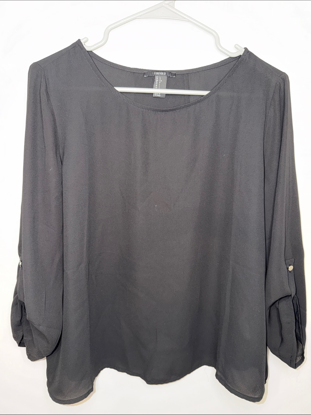 VINTAGE Forever 21 Black Round-Neck Roll-Tab Blouse